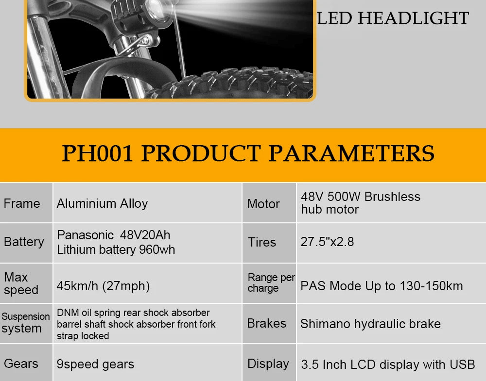 PULUMA Electric Bike 48V 1000W 27.5-in Panasonic battery 48V 20AH Smart electric with pedal assist hydraulic disc brakes