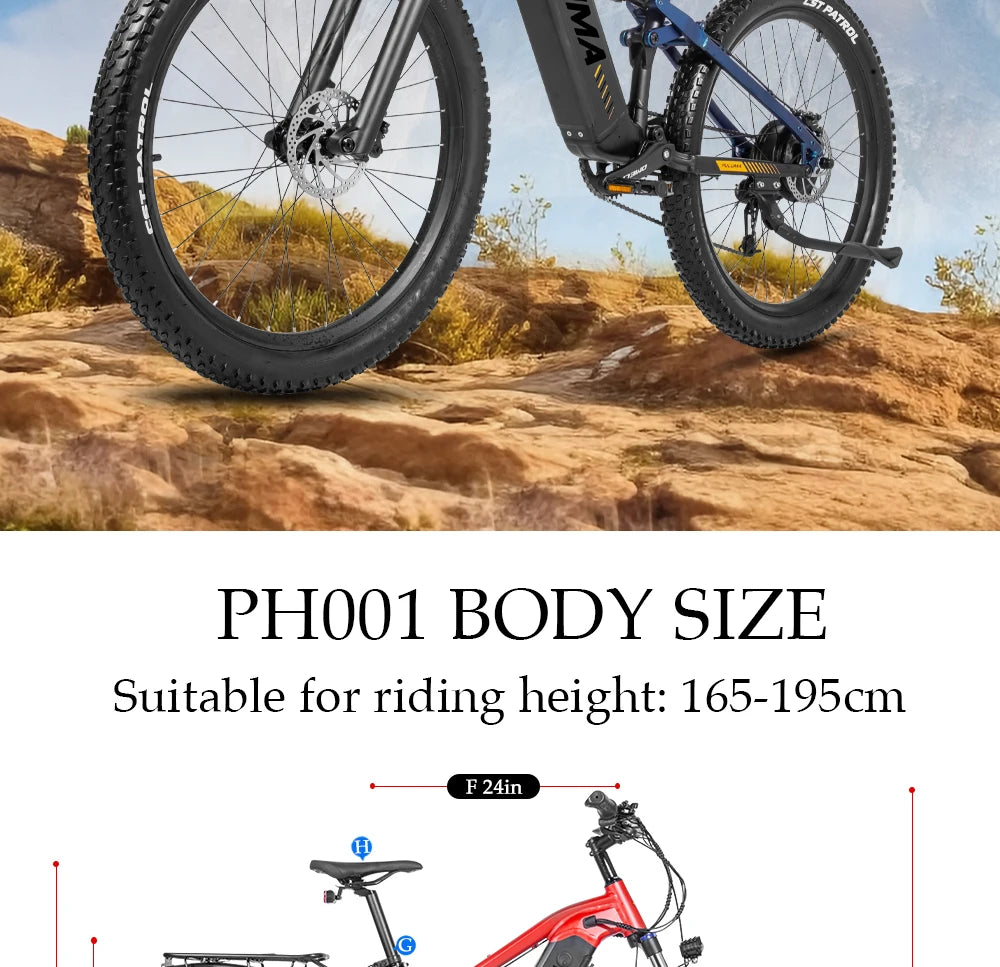 PULUMA Electric Bike 48V 1000W 27.5-in Panasonic battery 48V 20AH Smart electric with pedal assist hydraulic disc brakes