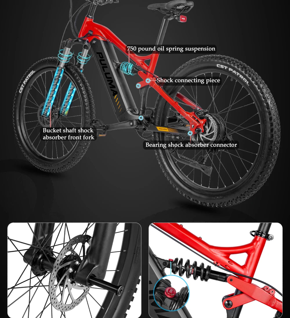 PULUMA Electric Bike 48V 1000W 27.5-in Panasonic battery 48V 20AH Smart electric with pedal assist hydraulic disc brakes