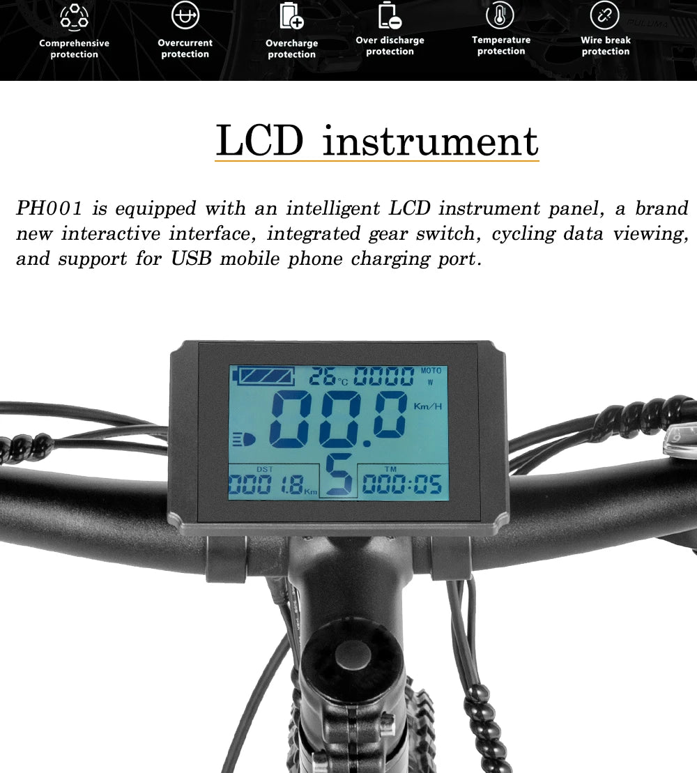 PULUMA Electric Bike 48V 1000W 27.5-in Panasonic battery 48V 20AH Smart electric with pedal assist hydraulic disc brakes