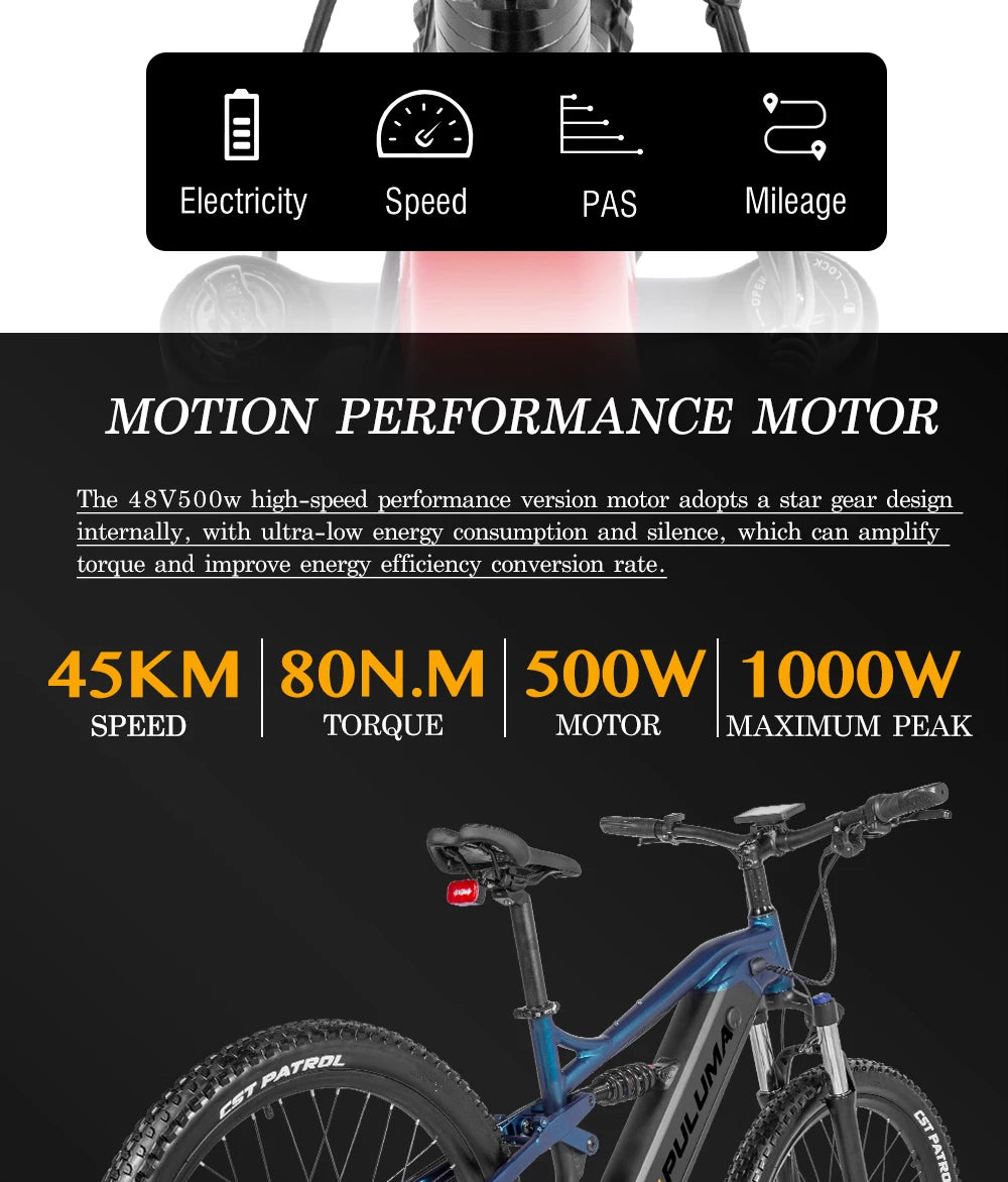 PULUMA Electric Bike 48V 1000W 27.5-in Panasonic battery 48V 20AH Smart electric with pedal assist hydraulic disc brakes