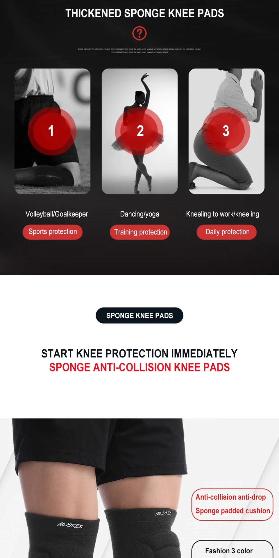 AOLIKES 1 Pair Sports Thickening Knee Pads Volleyball Extreme Sports Kneepad Brace Support Dancing Yoga Elastic Knee Protector