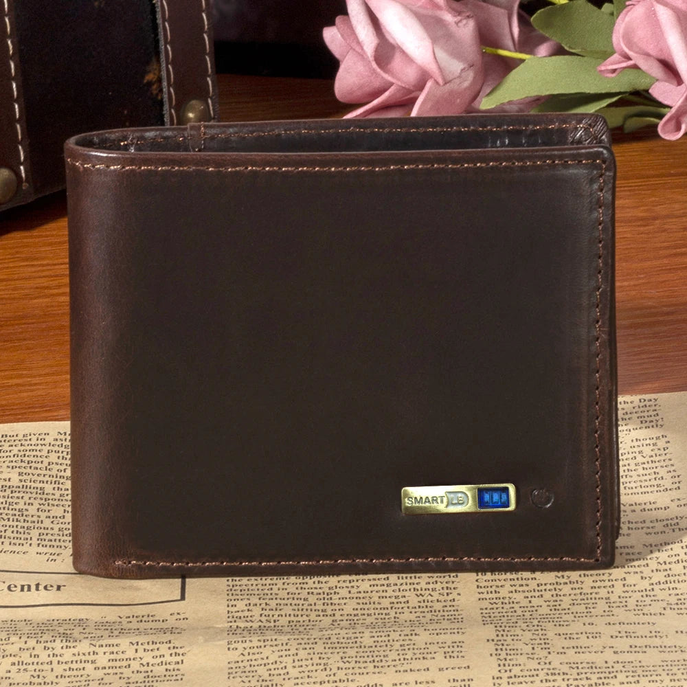 Carteira inteligente anti-perda - compatível com porta-cartões de crédito curtos de couro, porta-moedas masculino, carteiras masculinas de couro genuíno, gravação gratuita
