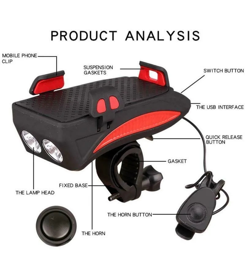 Luz LED frontal para bicicleta 5 en 1, 4000 mAh, recargable vía USB, con bocina solar, soporte para teléfono, linterna para bicicleta