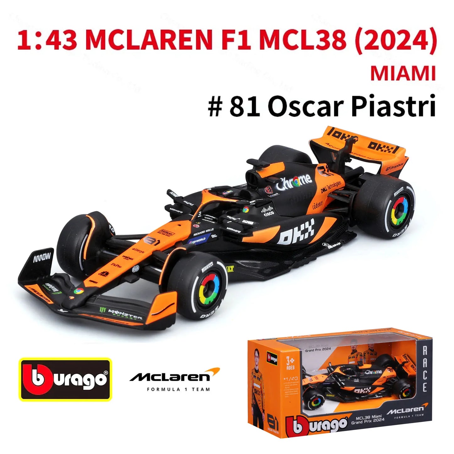 Bburago 1:43 2024 F1 SF24 W15 Mclaren MCL38 Monaco Grand Prix Alloy Car Diecast Model #4 Lando Norris #81 Oscar Piastri