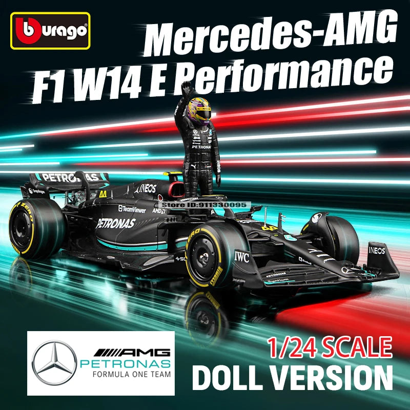 Bburago 1:24 2023 F1 Mercedes-AMG W14+Winning Doll 44# Hamilton 63# Russell Paint Formula One Alloy Super Toy Car Mode