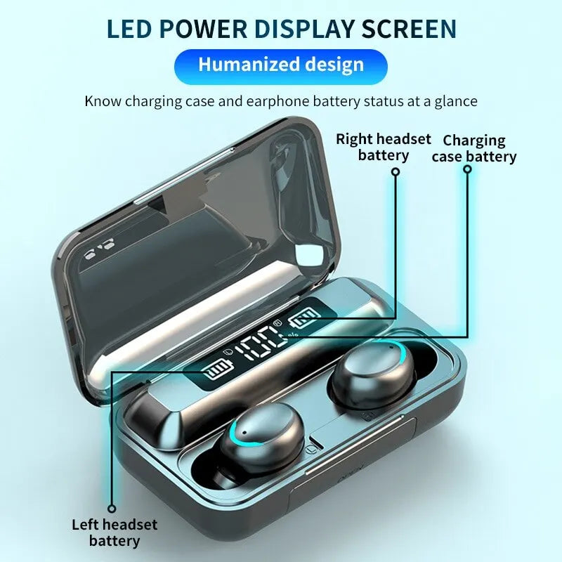 Auriculares inalámbricos F9 TWS con Bluetooth 5.0, estéreo 9D, deportivos, impermeables, con reducción de ruido y para juegos.