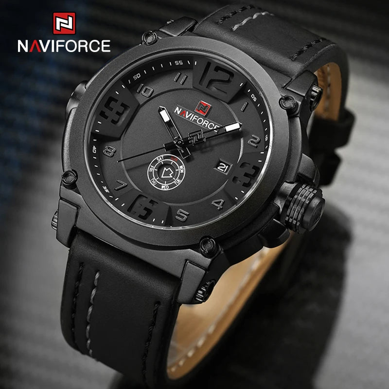 NAVIFORCE - Reloj deportivo militar de cuarzo para hombre, marca de lujo, analógico, con fecha, correa de cuero, Masculino