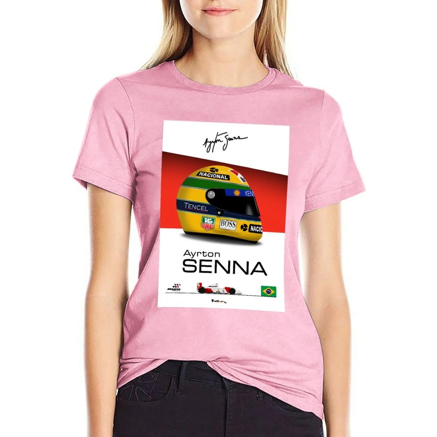 Ayrton Senna - 1993 - MP4/8 Helmet and car Print T-shirt anime clothes hippie clothes plain t shirts for Women