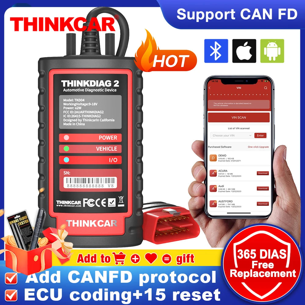 Escáner THINKCAR Thinkdiag 2 OBD2 compatible con protocolos CAN FD, compatible con marcas de vehículos GM, software completo gratuito, 16 funciones de reinicio, código ECU