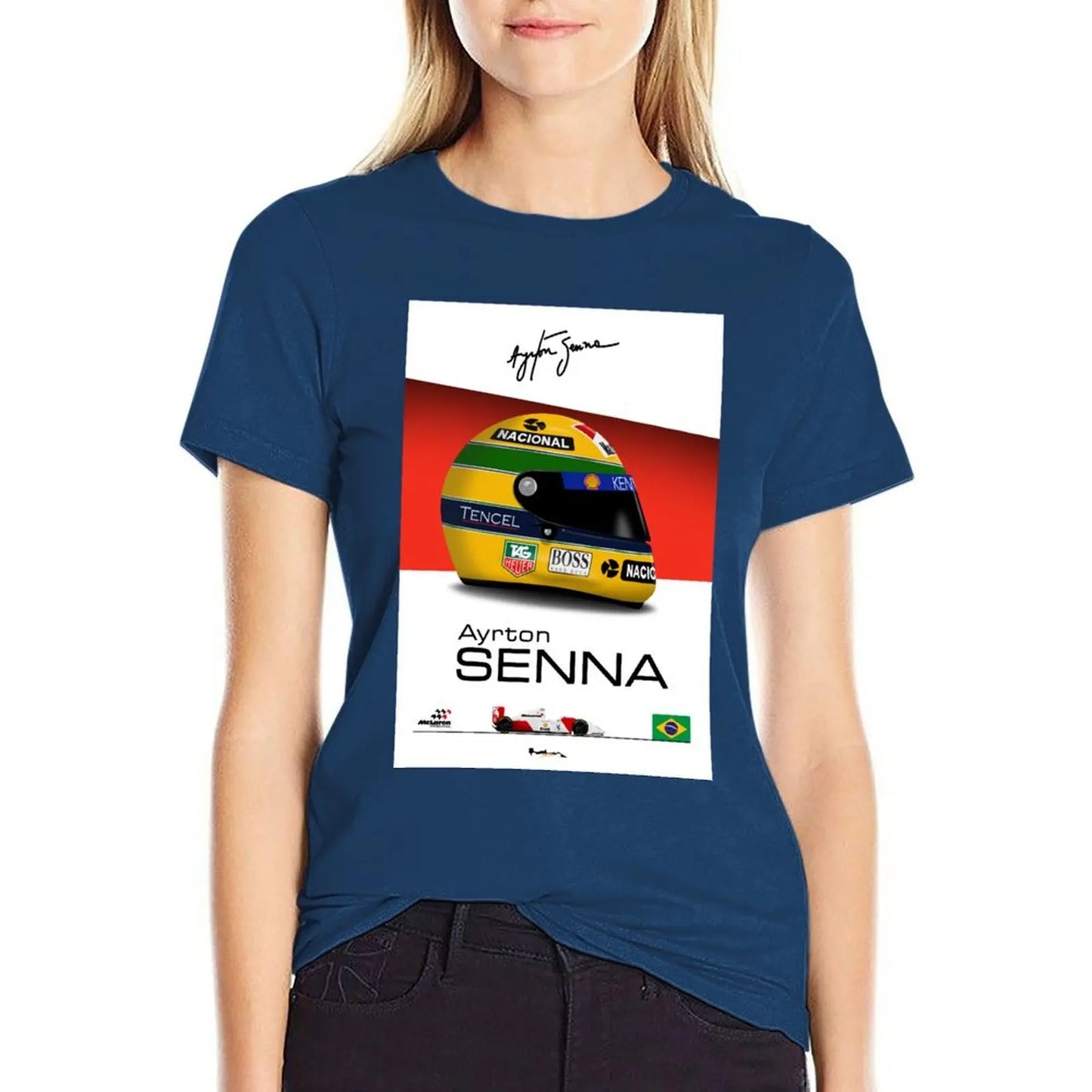 Ayrton Senna - 1993 - MP4/8 Helmet and car Print T-shirt anime clothes hippie clothes plain t shirts for Women
