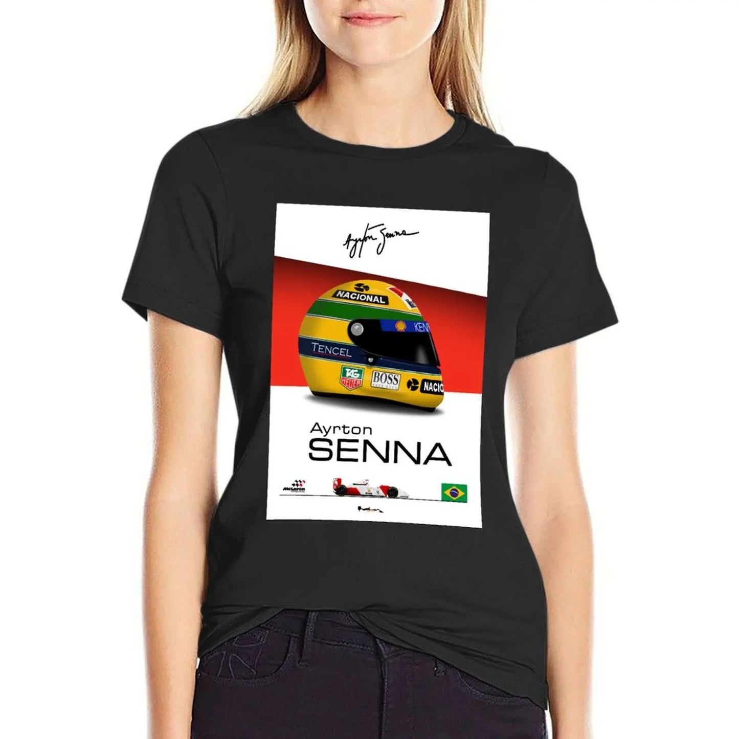 Ayrton Senna - 1993 - MP4/8 Helmet and car Print T-shirt anime clothes hippie clothes plain t shirts for Women