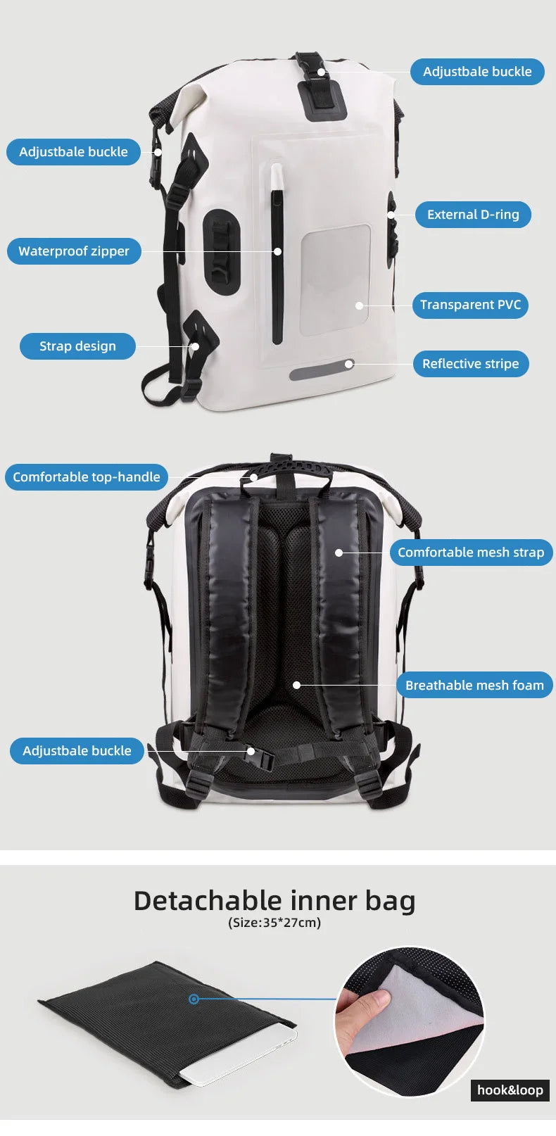 30L Waterproof Drift Bag Swimming Backpack Large River Trekking Shoulder Diving Wet Dry Rafting Canoeing Kayak PVC Camping Bag