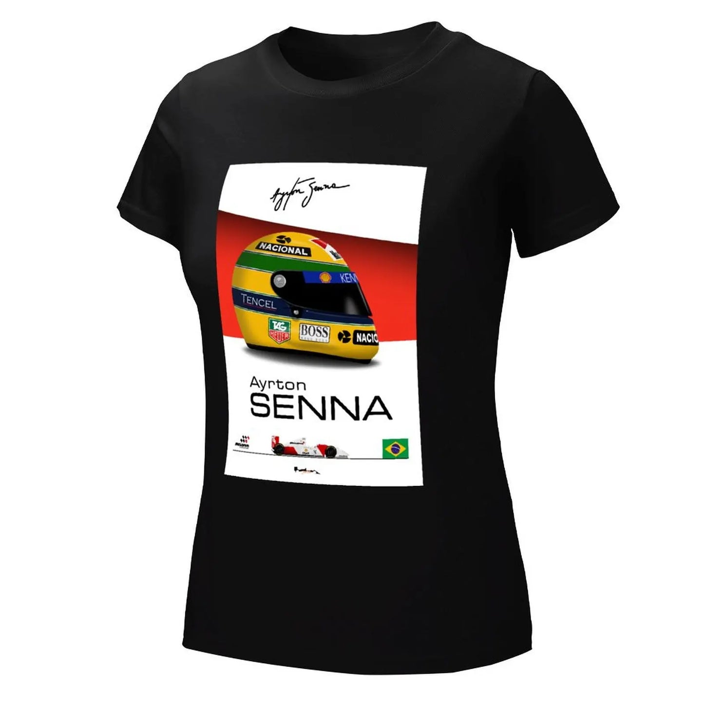 Ayrton Senna - 1993 - MP4/8 Helmet and car Print T-shirt anime clothes hippie clothes plain t shirts for Women
