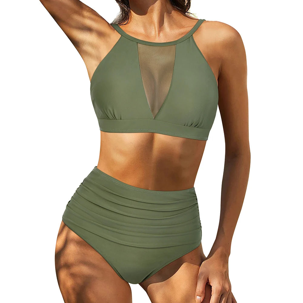 Print High-Waist Bikini Sets Swimsuit Women Sexy Lace Up Hollow Out Two Pieces Swimwear 2024 New Beach Bathing Suits Women