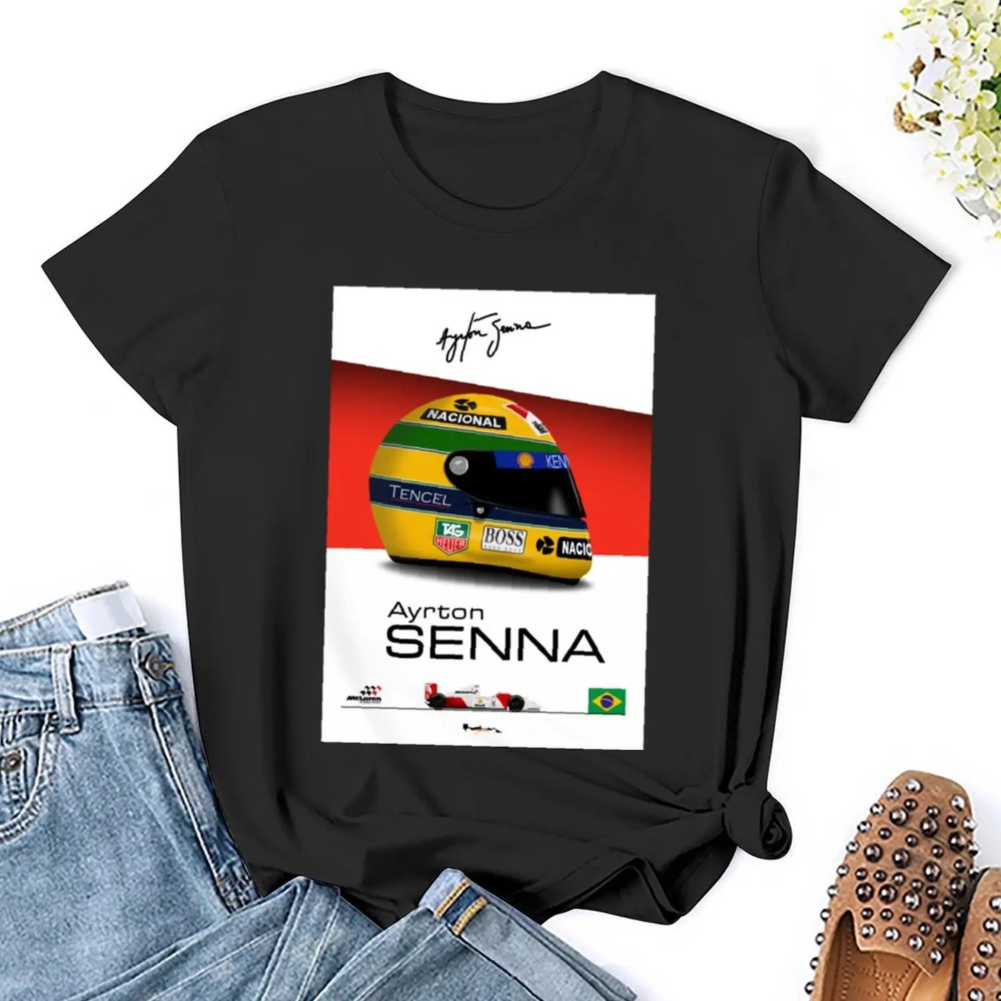 Ayrton Senna - 1993 - MP4/8 Helmet and car Print T-shirt anime clothes hippie clothes plain t shirts for Women