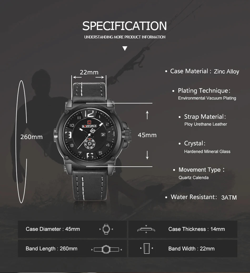 NAVIFORCE - Reloj deportivo militar de cuarzo para hombre, marca de lujo, analógico, con fecha, correa de cuero, Masculino