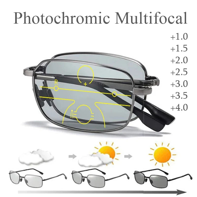Gafas de lectura fotocromáticas progresivas plegables para hombre y mujer, antiluz azul, multifocales, para presbicia, con dioptrías de +1.0 a +4.0