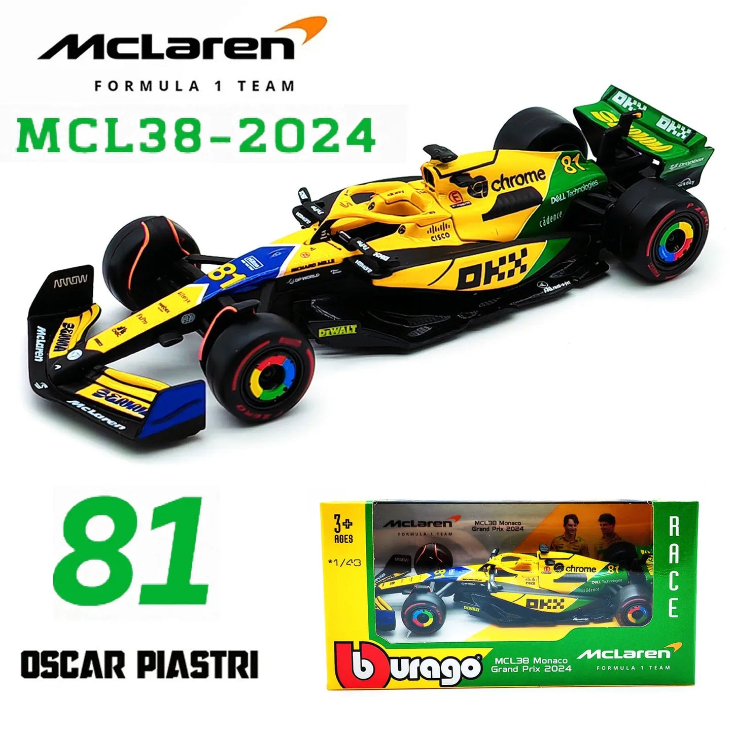 Bburago 1:43 2024 F1 SF24 W15 Mclaren MCL38 Monaco Grand Prix Alloy Car Diecast Model #4 Lando Norris #81 Oscar Piastri