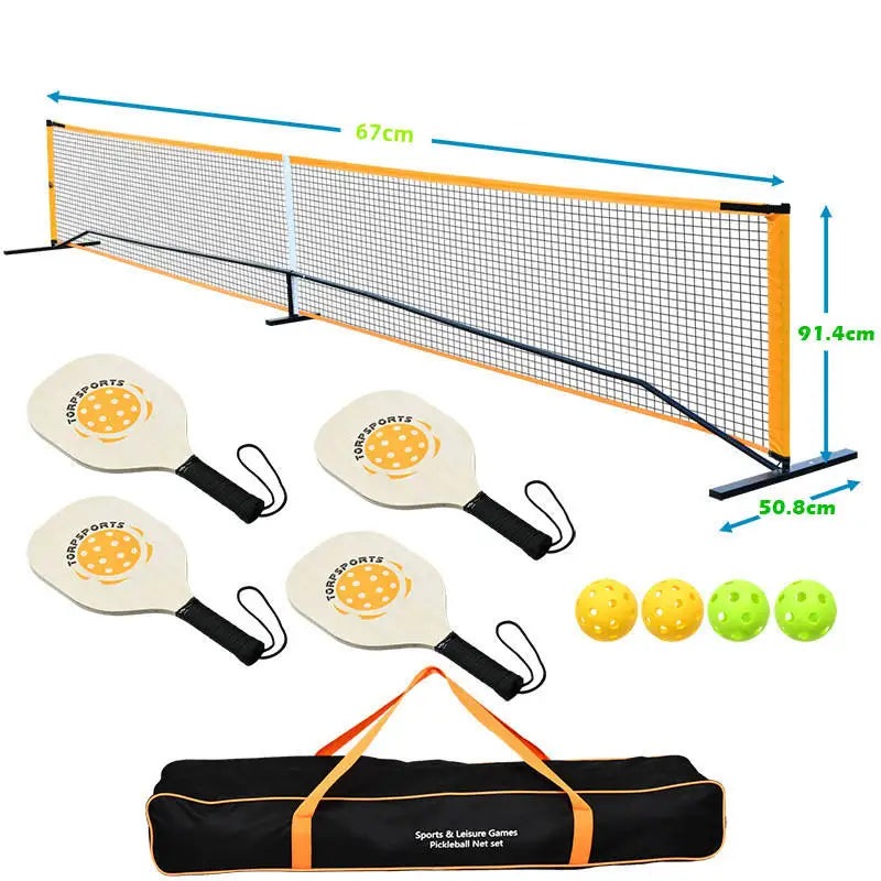Pickleball Paddle Portable Net And Ball Set (includes Free Standing Metal Frame & Net + 4 Wood Paddles + 4 Balls with carry bag