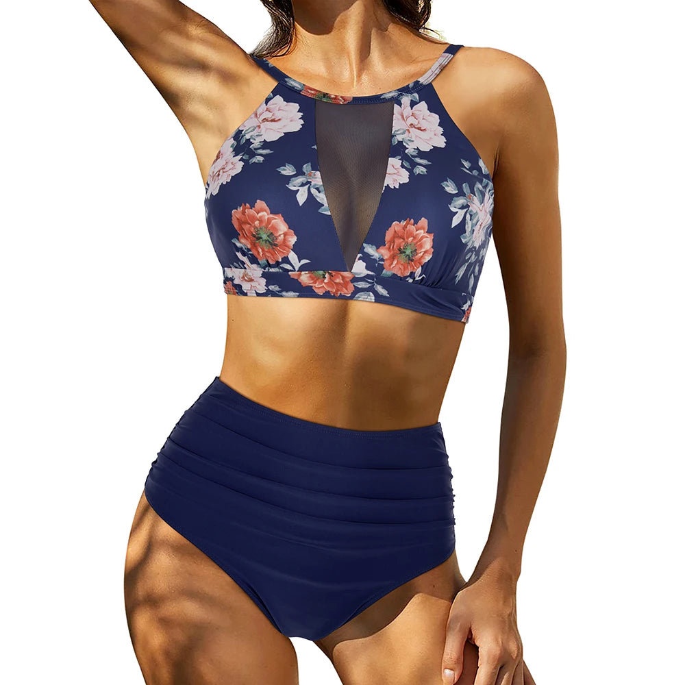 Print High-Waist Bikini Sets Swimsuit Women Sexy Lace Up Hollow Out Two Pieces Swimwear 2024 New Beach Bathing Suits Women