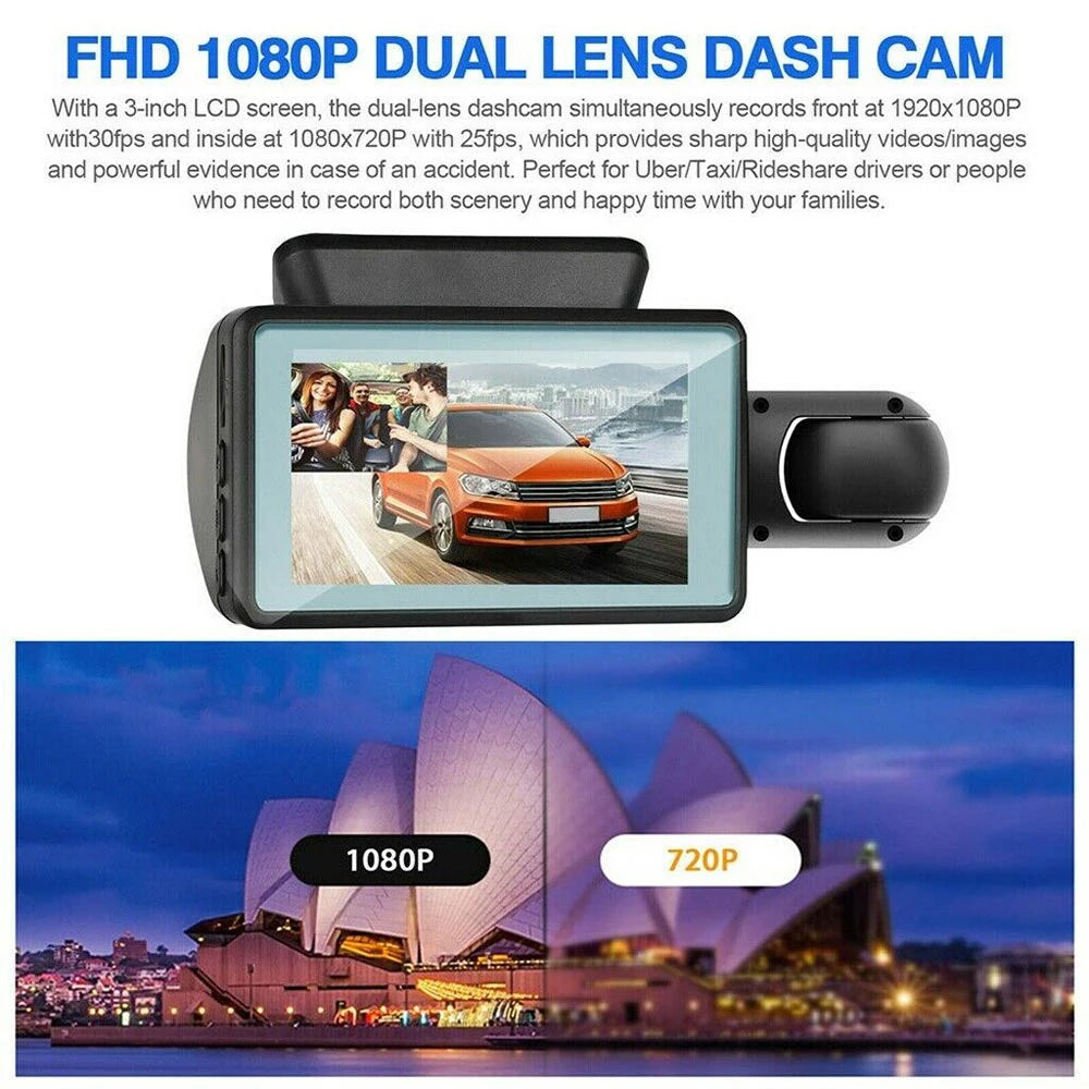 Cámara de salpicadero con doble lente HD, frontal y trasera, grabadora de 2 lentes, DVR para coche, gran angular, visión nocturna, monitor de seguridad y vigilancia.