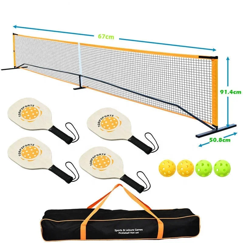 Pickleball Paddle Portable Net And Ball Set (includes Free Standing Metal Frame & Net + 4 Wood Paddles + 4 Balls with carry bag