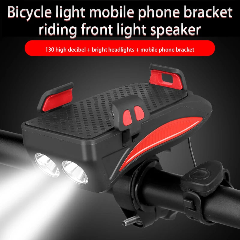 Luz LED frontal para bicicleta 5 en 1, 4000 mAh, recargable vía USB, con bocina solar, soporte para teléfono, linterna para bicicleta