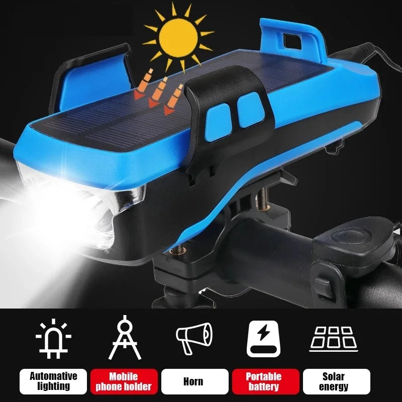 Luz LED frontal para bicicleta 5 en 1, 4000 mAh, recargable vía USB, con bocina solar, soporte para teléfono, linterna para bicicleta