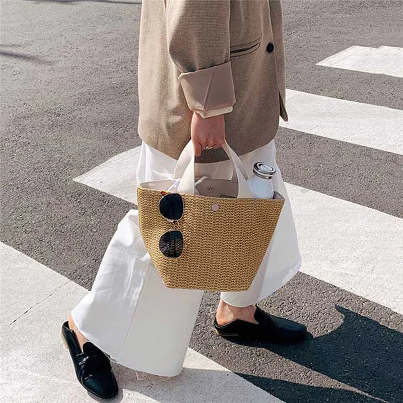 Bolso bandolera de paja para playa, estilo bohemio, de ratán tejido, hecho a mano, para mujer