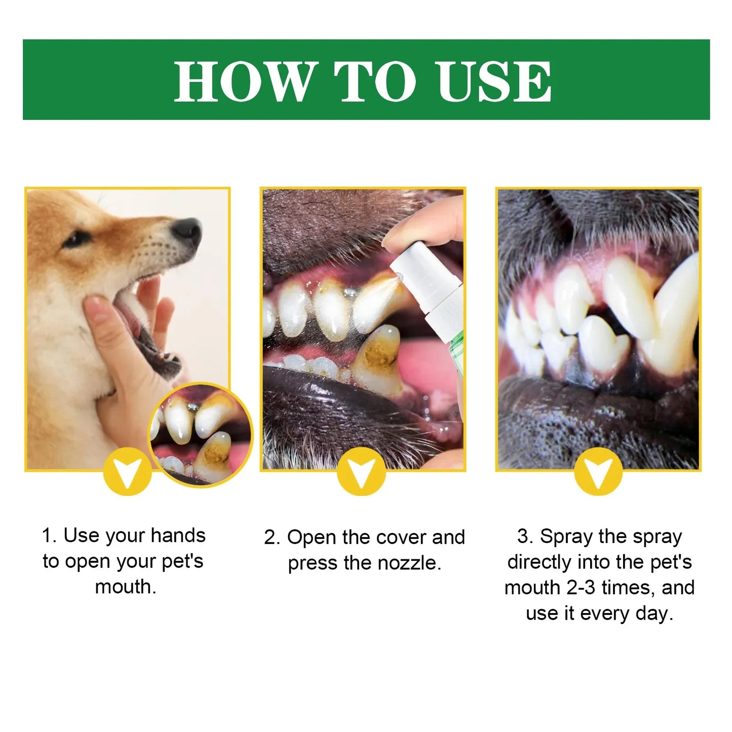 Spray limpiador de dientes para mascotas, eliminador de placa y sarro para perros, spray limpiador de halitosis, desodorante para mascotas, cuidado bucal, herramienta de limpieza dental para gatitos.
