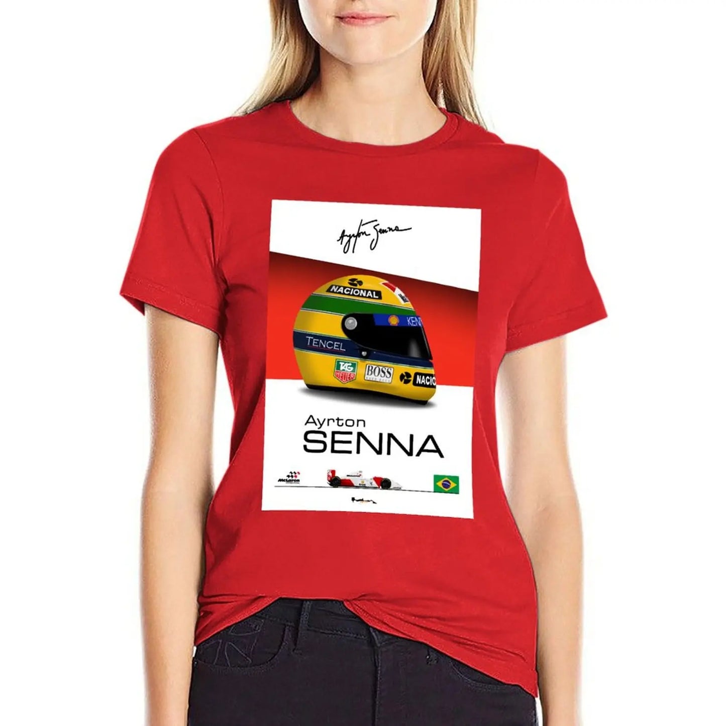 Ayrton Senna - 1993 - MP4/8 Helmet and car Print T-shirt anime clothes hippie clothes plain t shirts for Women