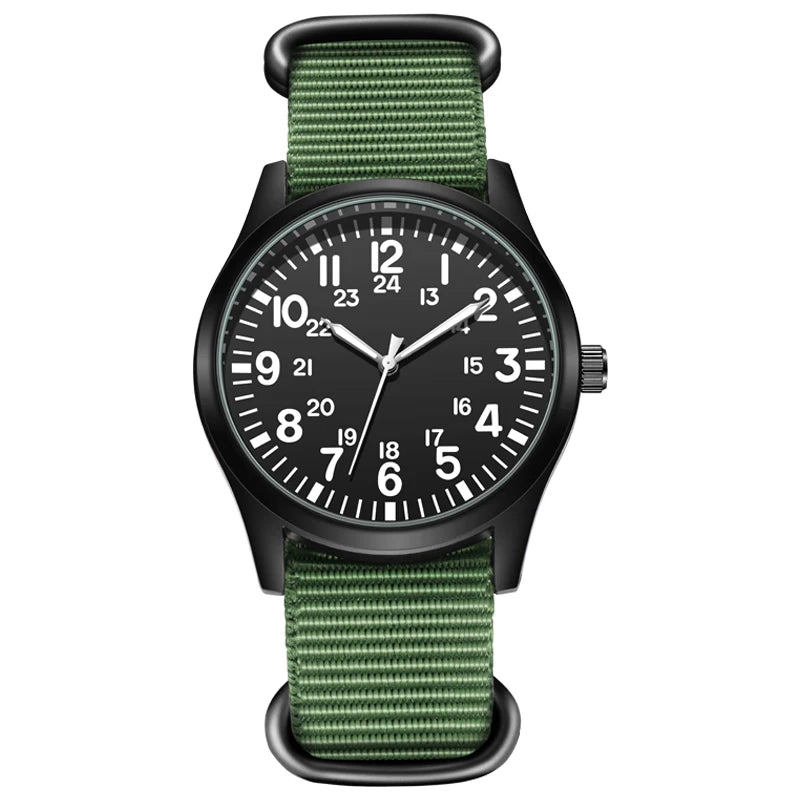 Reloj de campaña de la Fuerza Aérea con correa de tela, pantalla de 24 horas, movimiento de cuarzo japonés, esfera de 42 mm