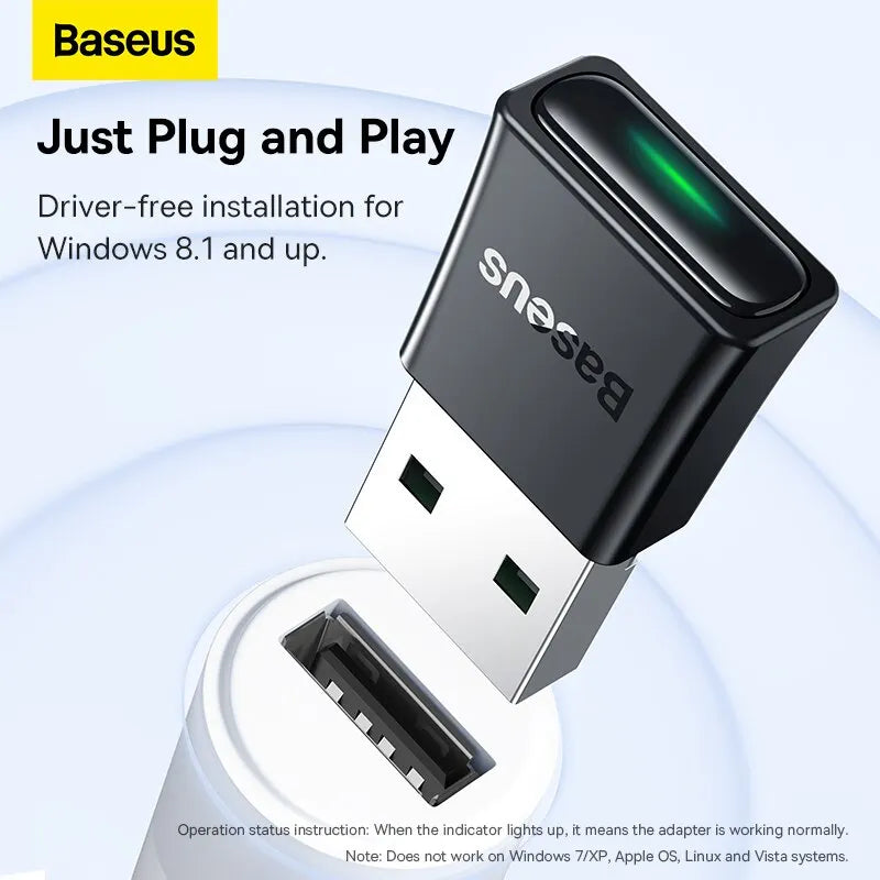 Adaptador USB Bluetooth 5.3 Baseus BA07 para PC, altavoz, ratón inalámbrico, teclado, música, receptor y transmisor de audio Bluetooth.