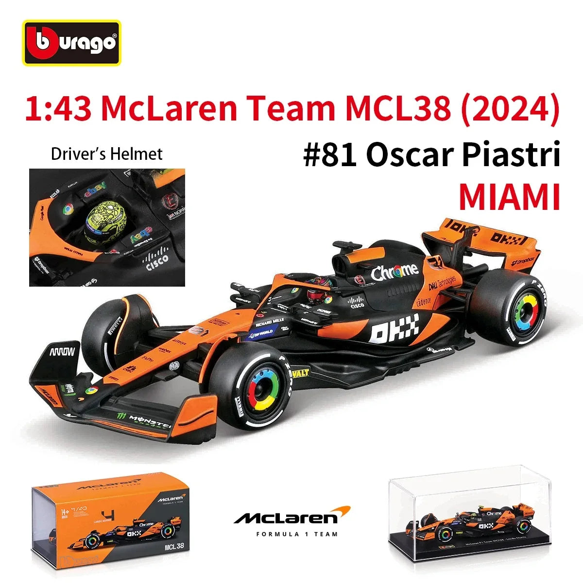 Bburago 1:43 2024 F1 SF24 W15 Mclaren MCL38 Monaco Grand Prix Alloy Car Diecast Model #4 Lando Norris #81 Oscar Piastri