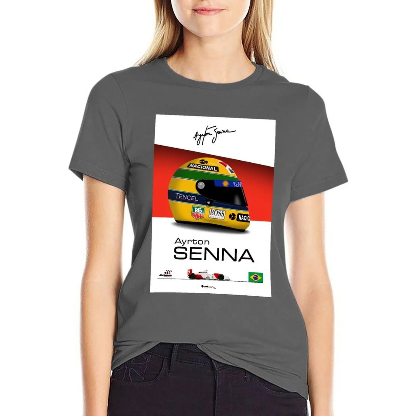 Ayrton Senna - 1993 - MP4/8 Helmet and car Print T-shirt anime clothes hippie clothes plain t shirts for Women