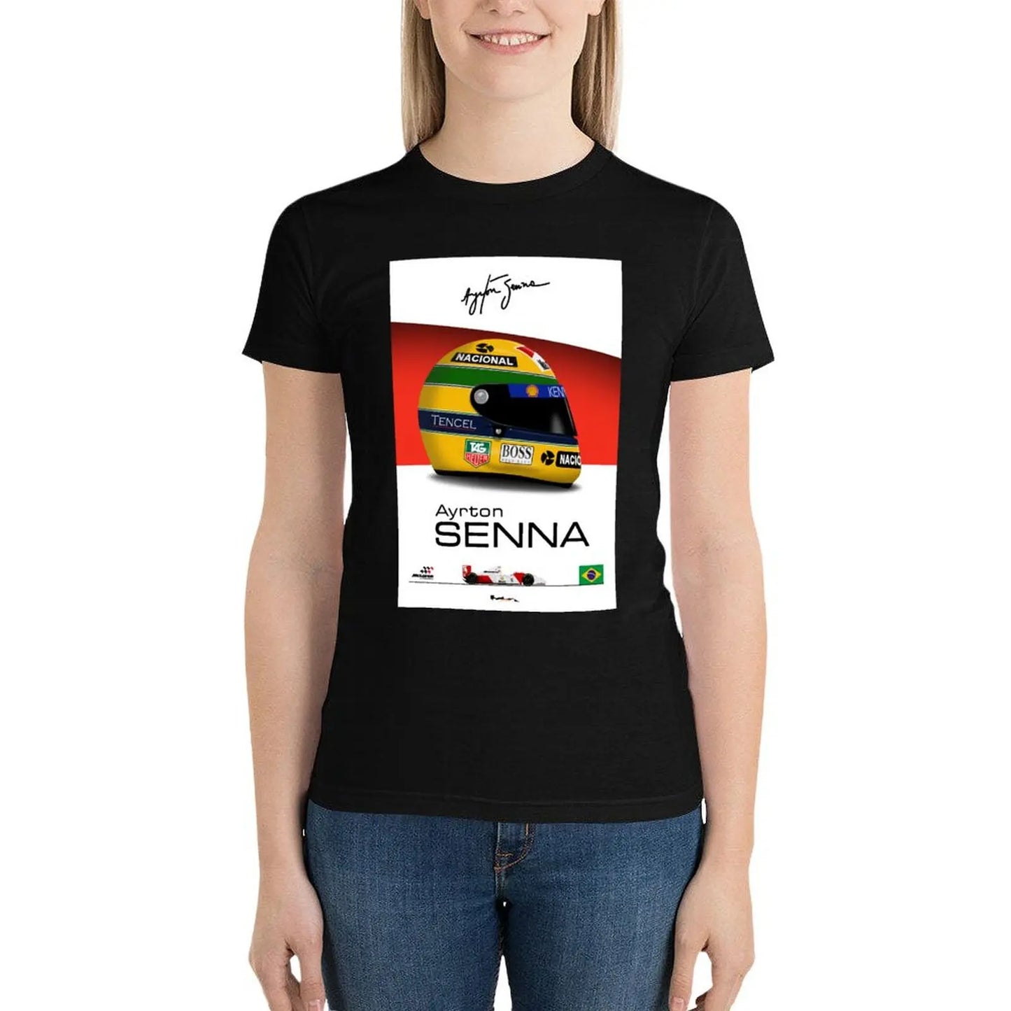 Ayrton Senna - 1993 - MP4/8 Helmet and car Print T-shirt anime clothes hippie clothes plain t shirts for Women