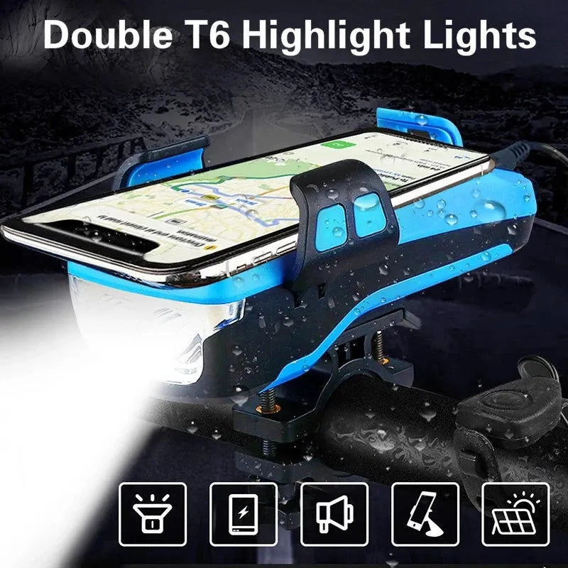 Luz LED frontal para bicicleta 5 en 1, 4000 mAh, recargable vía USB, con bocina solar, soporte para teléfono, linterna para bicicleta