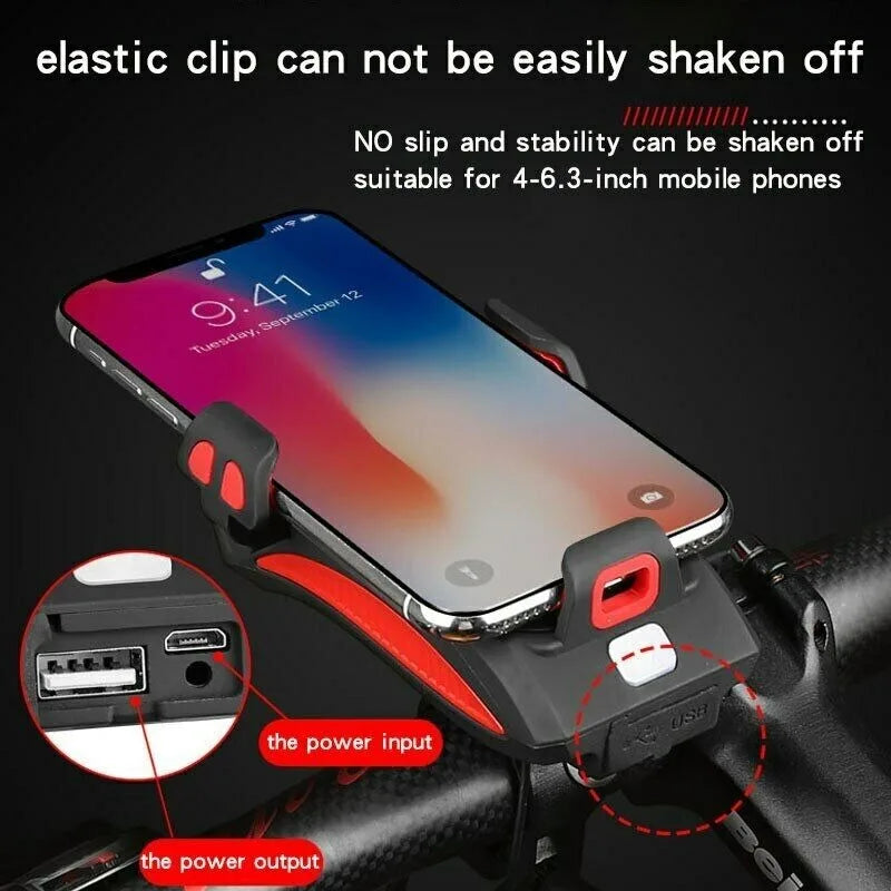 Luz LED frontal para bicicleta 5 en 1, 4000 mAh, recargable vía USB, con bocina solar, soporte para teléfono, linterna para bicicleta