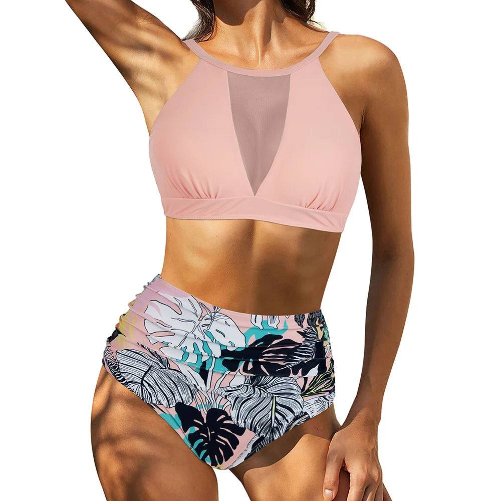 Print High-Waist Bikini Sets Swimsuit Women Sexy Lace Up Hollow Out Two Pieces Swimwear 2024 New Beach Bathing Suits Women