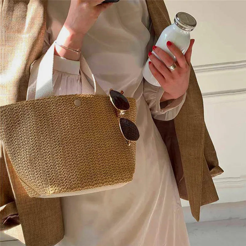 Bolso bandolera de paja para playa, estilo bohemio, de ratán tejido, hecho a mano, para mujer