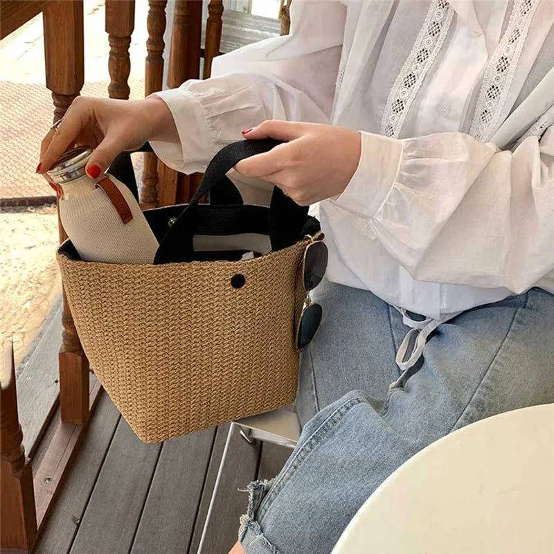 Bolso bandolera de paja para playa, estilo bohemio, de ratán tejido, hecho a mano, para mujer