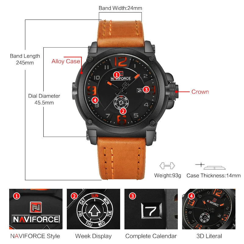 NAVIFORCE - Reloj deportivo militar de cuarzo para hombre, marca de lujo, analógico, con fecha, correa de cuero, Masculino