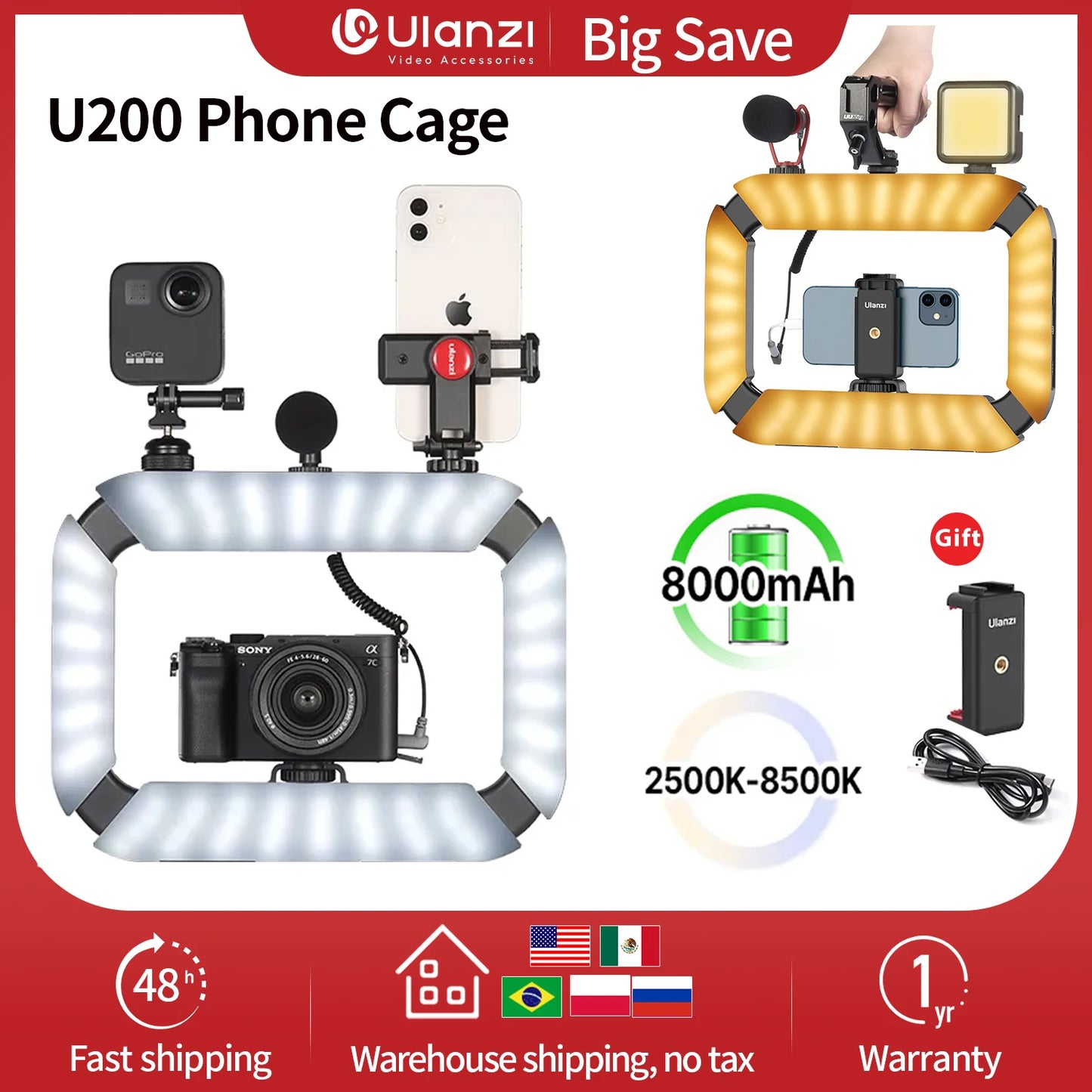 Ulanzi U200 U-200 Smartphone Video Rig LED Video Light 2 in 1 Ring Light Cold Shoe for Microphone Tiktok Youtube Live Rig Light