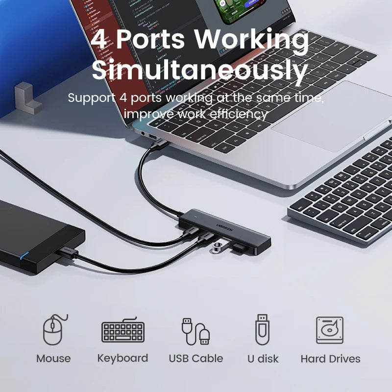 Concentrador USB 3.0 UGREEN de 4 puertos, concentrador USB delgado para ratón y teclado, compatible con MacBook Pro, Air, portátil, PC de escritorio, Xbox, PS5 y divisor.