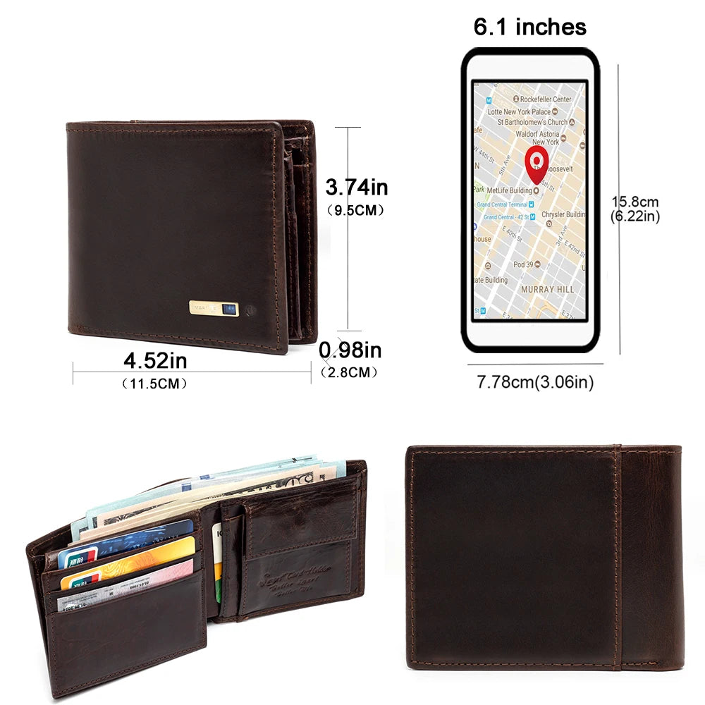 Carteira inteligente anti-perda - compatível com porta-cartões de crédito curtos de couro, porta-moedas masculino, carteiras masculinas de couro genuíno, gravação gratuita