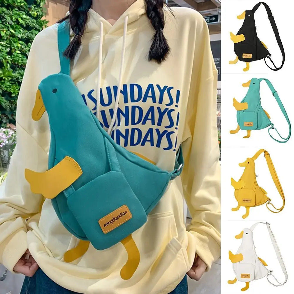 Bolsa de lona engraçada com pato crossbody, bolsa criativa estilo coreano com design minoritário, bolsa pequena de mensageiro para meninas