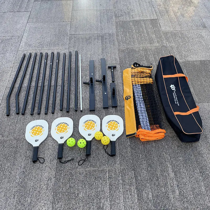 Pickleball Paddle Portable Net And Ball Set (includes Free Standing Metal Frame & Net + 4 Wood Paddles + 4 Balls with carry bag