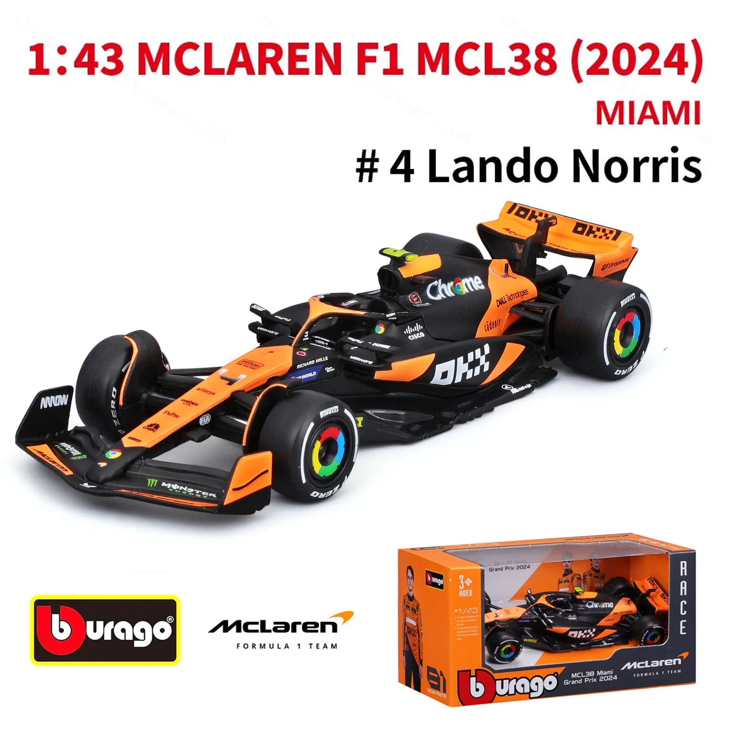 Bburago 1:43 2024 F1 SF24 W15 Mclaren MCL38 Monaco Grand Prix Alloy Car Diecast Model #4 Lando Norris #81 Oscar Piastri
