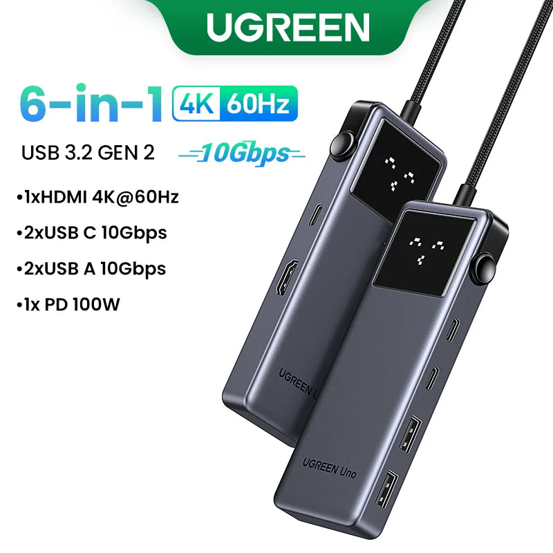UGREEN Uno USB C HUB 6 en 1 4K60Hz PD100W 10Gbps Adaptador divisor USB3.2 para portátil Macbook Pro Air Estación de acoplamiento expansora USB